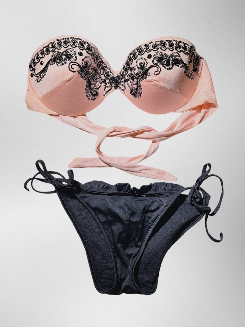 Strapless Pink Embroidered Bikini Top with Black Tie-Side Bottoms